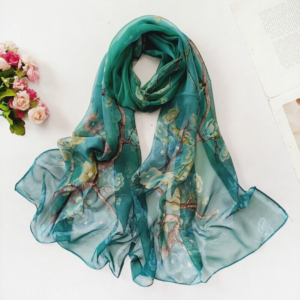 Dark Green Floral Fashion Scarf - Women's Chiffon Printed Silk Soft Fashion Wrap
